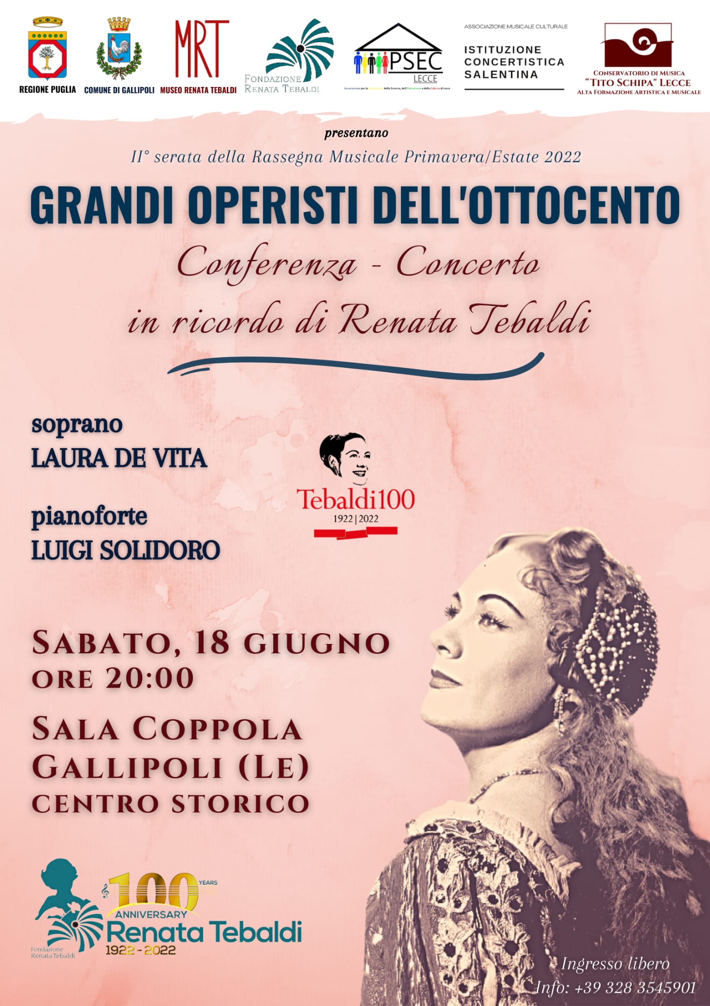 Locandina della Conferenza-Concerto per il Centenario Renata Tebaldi a Gallipoli a cura del maestro Luigi Solidoro.