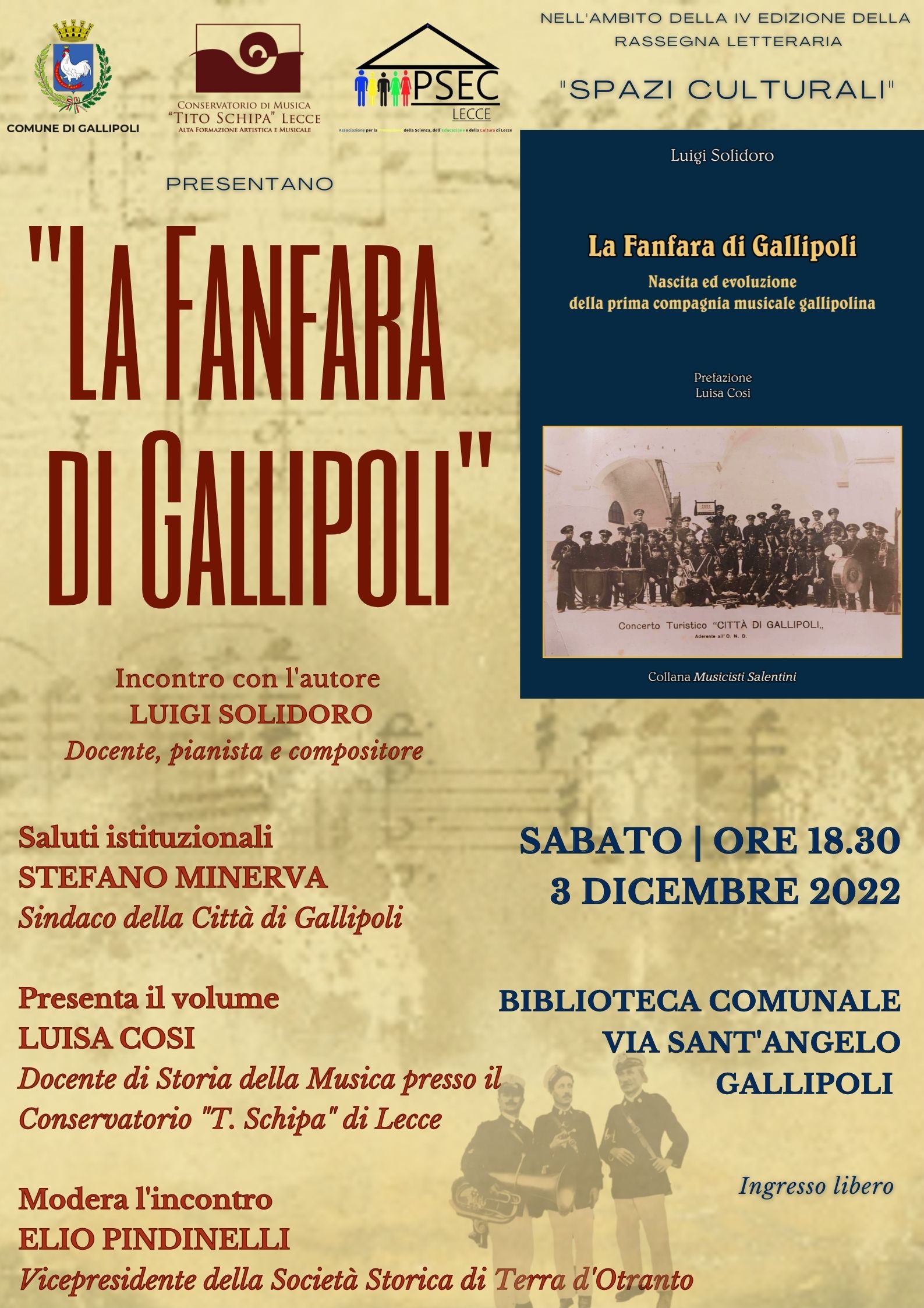 locandina dell'evento in biblioteca comunale a Gallipoli presentazione libro di Luigi Solidoro "La fanfara di Gallipoli"