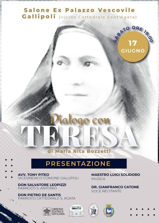 locandina presentazione del libro a Gallipoli della poetessa M. R. Bozzetti - Dialogo con Teresa
