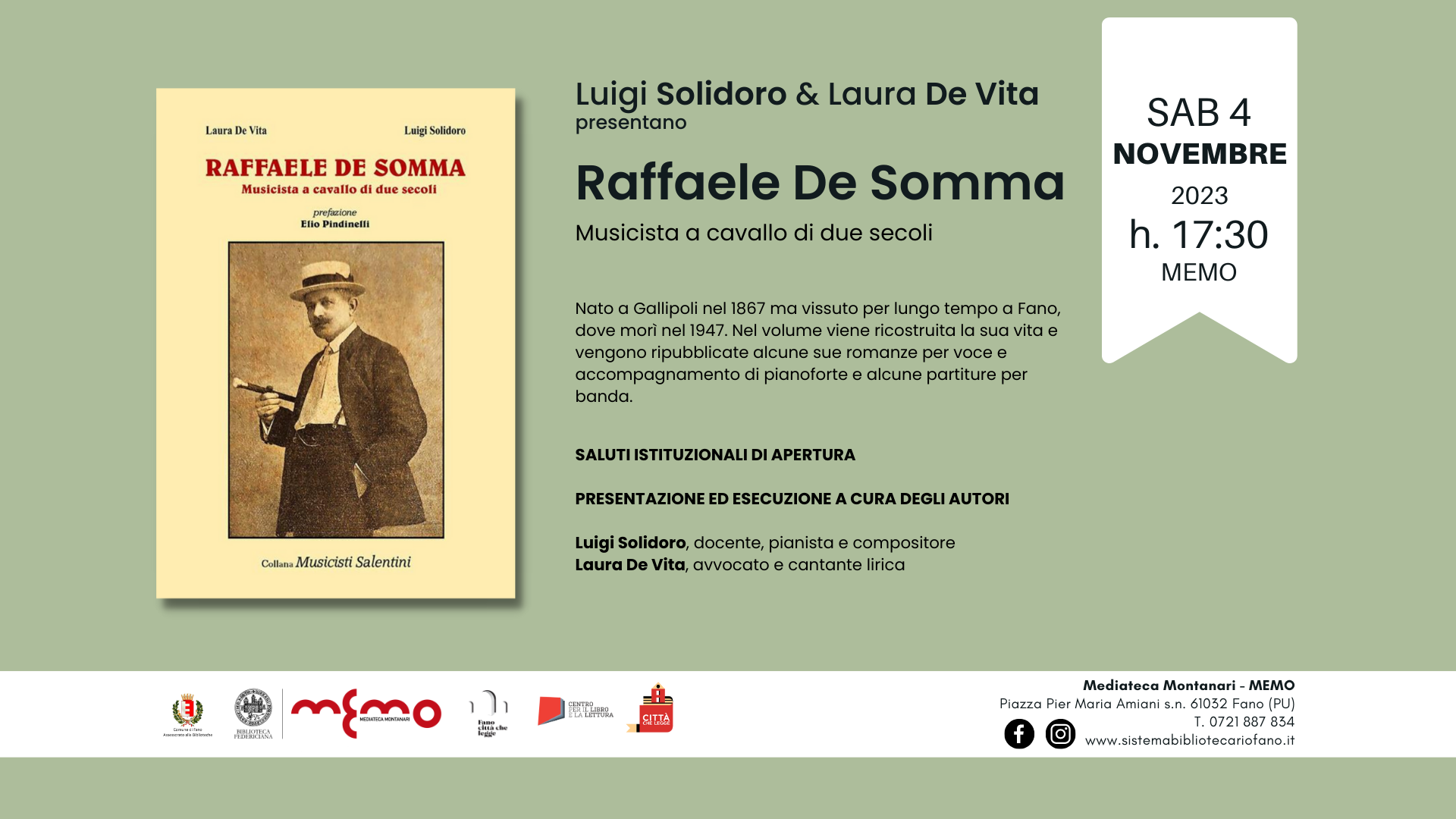locandina della presentazione del libro Raffaele De Somma di Luigi Solidoro presso la MEDIATECA Montanari di FANO nelle Marche