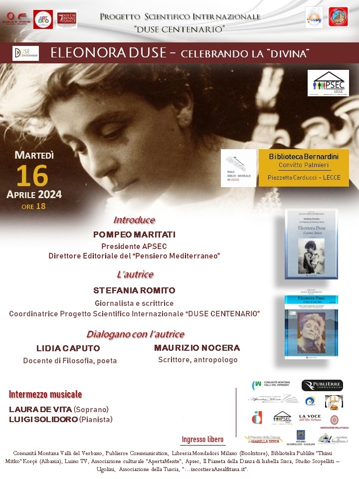 locandina presentazione libro di S. Romito su Eleonora Duse con intermezzi di Luigi Solidoro e Laura De Vita